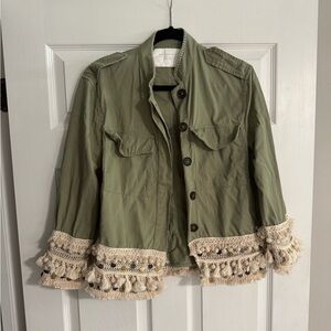 Zara Green Crochet Fringe Trim Button Front Pockets Long Sleeve Jacket